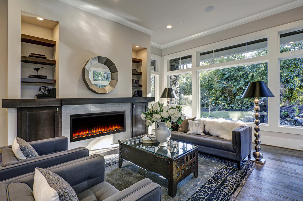 SimpliFire 60" Allusion Platinum Electric Fireplace in Cozy Living Room