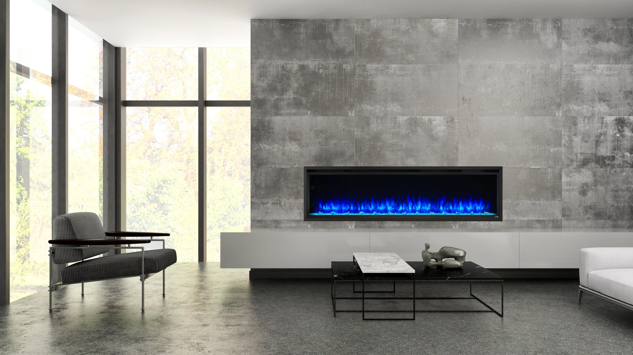 SimpliFire 72" Allusion Platinum Electric Fireplace in Modern Living Room