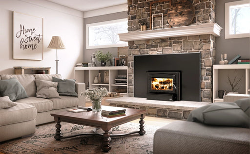 Osburn 1700-I Wood Burning Insert with Black Door Overlay and Large Faceplate with Brushed NIckel Trim