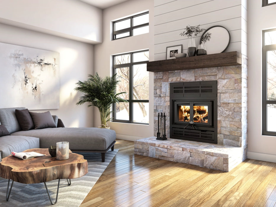 Osburn Everest III Wood Burning Fireplace with Modern Faceplate and Black Door Trim