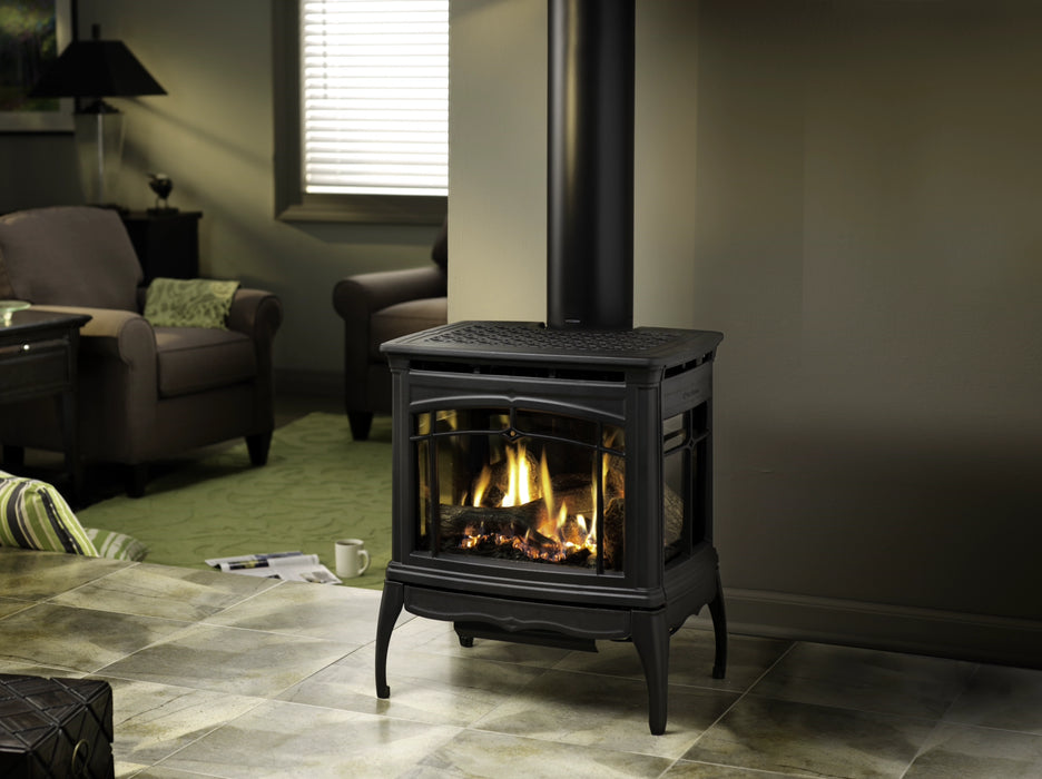 Hearthstone Stoves Bristol Gas Stove with Matte Black Finish in Living Room