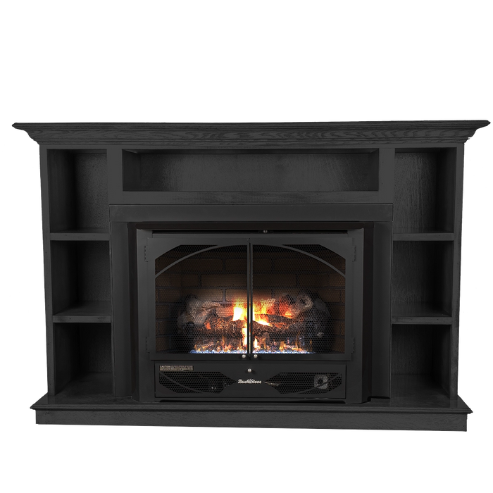 Buck Stove Model 384 VF Gas Fireplace with Black Prestige Mantel