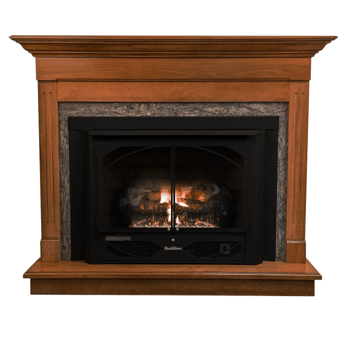 Buck Stove Model 384VF Gas Fireplace with Cherry Contemporary Mantel