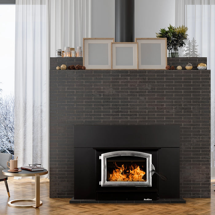 Buck Stove Model 74 Non-Catalytic Wood-Burning Fireplace Insert with Pewter Door Trim in Living Room