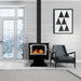 Buck Stove Model 74 Non-Catalytic Wood Stove with Blower - Pewter Door Trim on Pedestal Lifestyle Image