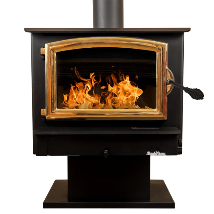 Buck Stove Model 74 Non-Catalytic Wood Stove with Blower - Gold Door Trim on Pedestal