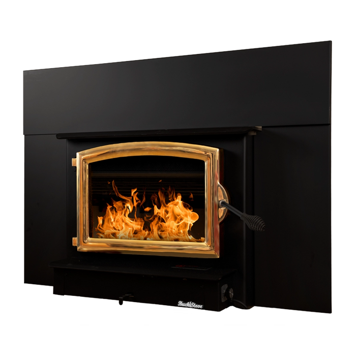 Buck Stove Model 74 Non-Catalytic Wood-Burning Fireplace Insert with Gold Door Trim - Side View