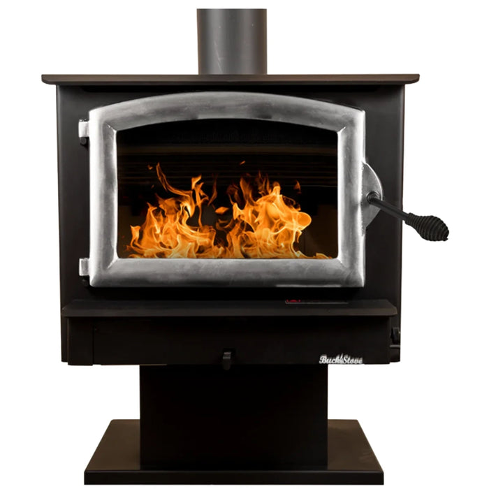 Buck Stove Model 74 Non-Catalytic Wood Stove with Blower - Pewter Door Trim on Pedestal