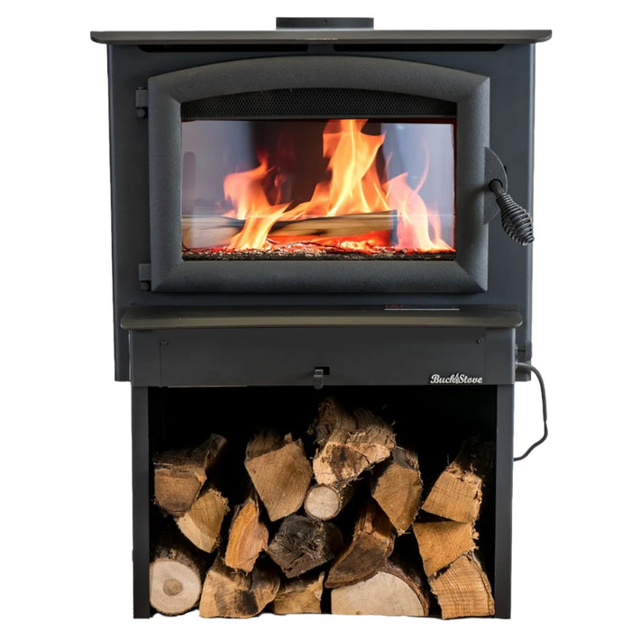 Buck Stove Model 74 Non-Catalytic Wood Stove with Blower - Black Door Trim on Log Store Pedestal