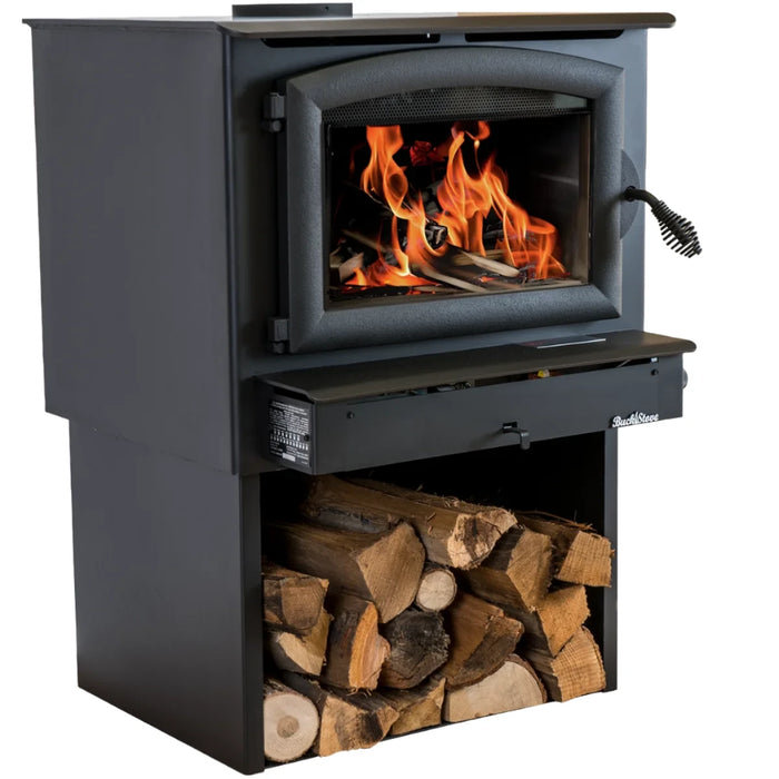 Buck Stove Model 74 Non-Catalytic Wood Stove with Blower - Black Door Trim on Log Store Pedestal Side View