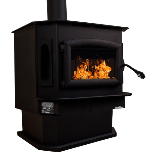 Buck Stove Model 81 Wood Stove on Pedestal Base and Black Side Windows