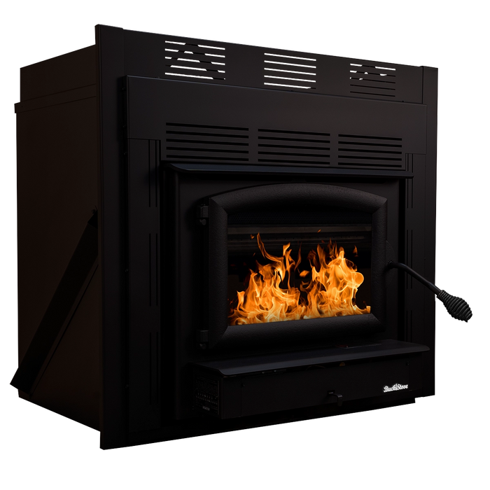 Buck Stove Model 74 Zero-Clearance Non-Catalytic Wood-Burning Fireplace Insert with Black Door Trim - Left Side View