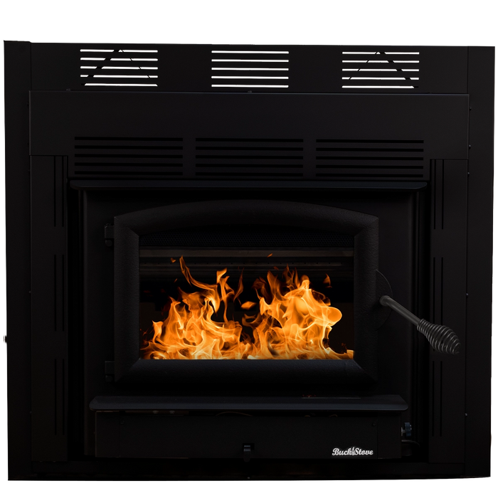 Buck Stove Model 74 Zero-Clearance Non-Catalytic Wood-Burning Fireplace Insert with Black Door Trim - Front View