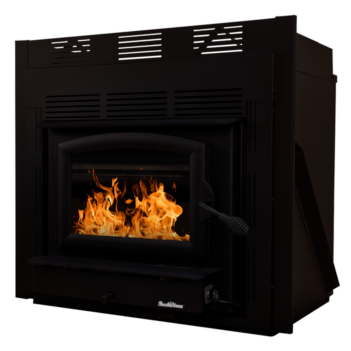 Buck Stove Model 74 Zero-Clearance Non-Catalytic Wood-Burning Fireplace Insert with Black Door Trim - Right Side View