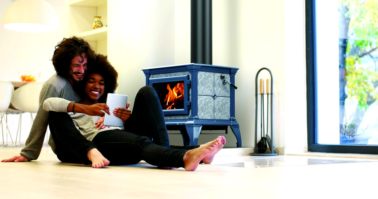 Hearthstone Stoves Castleton Freestanding Wood Stove with Seafoam Enamel in Living Room