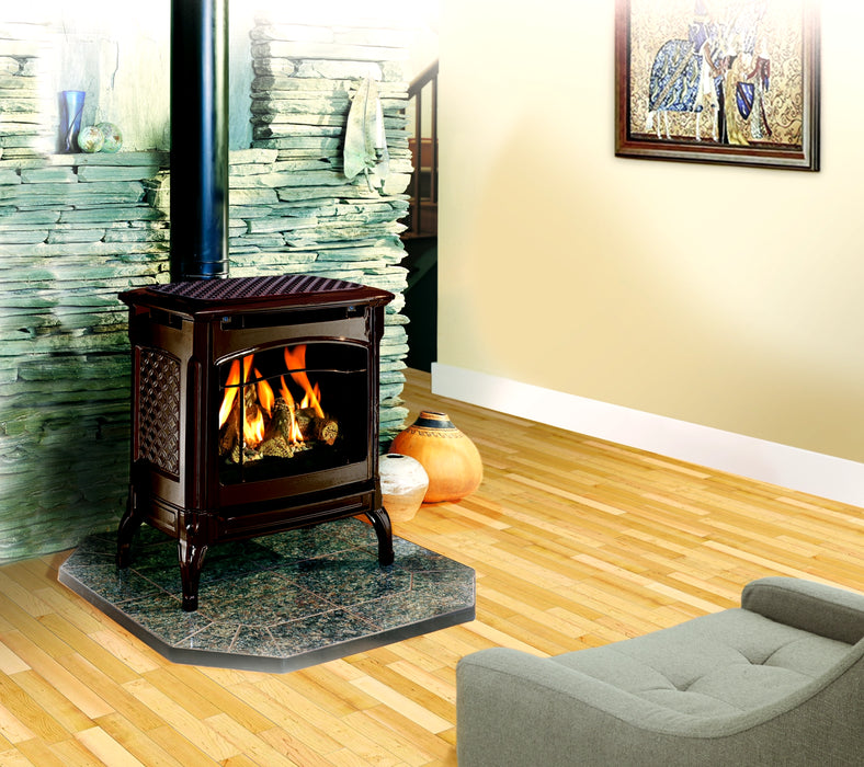 Hearthstone Stoves Champlain Gas Stove with Brown Enamel Finish in Sitting Room
