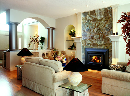 Hearthstone Stoves Clydesdale Wood Fireplace Insert with Matte Black Finish in Living Room