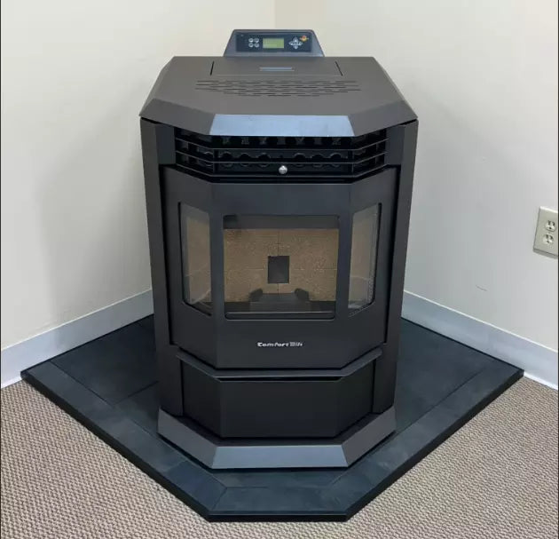 ComfortBilt Black Copper Corner Hearth Pad with Stove - Front View