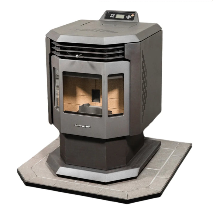 ComfortBilt Pewter Flat Wall Hearth Pad Angled with Pellet Stove