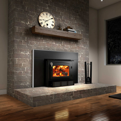 Drolet Escape 1800 Wood-Burning Fireplace Insert with Nickel Trim in Living Room