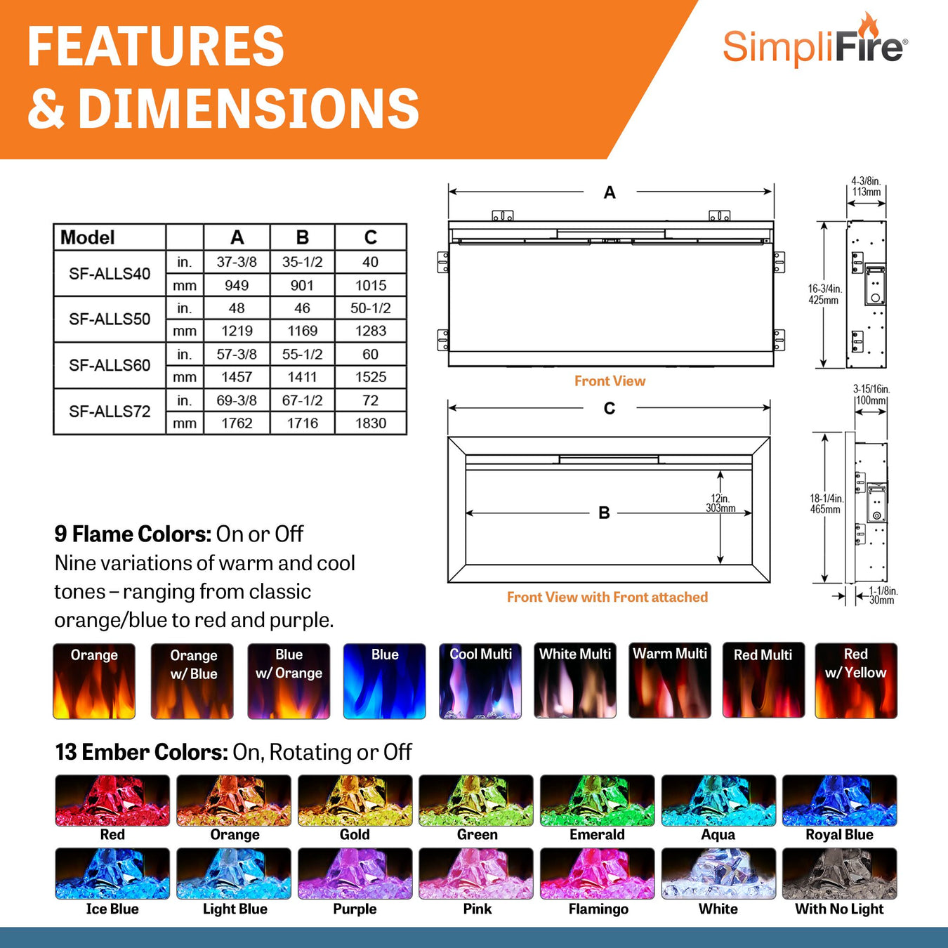 SimpliFire Allusion Slim Linear Electric Fireplace Features & Dimensions