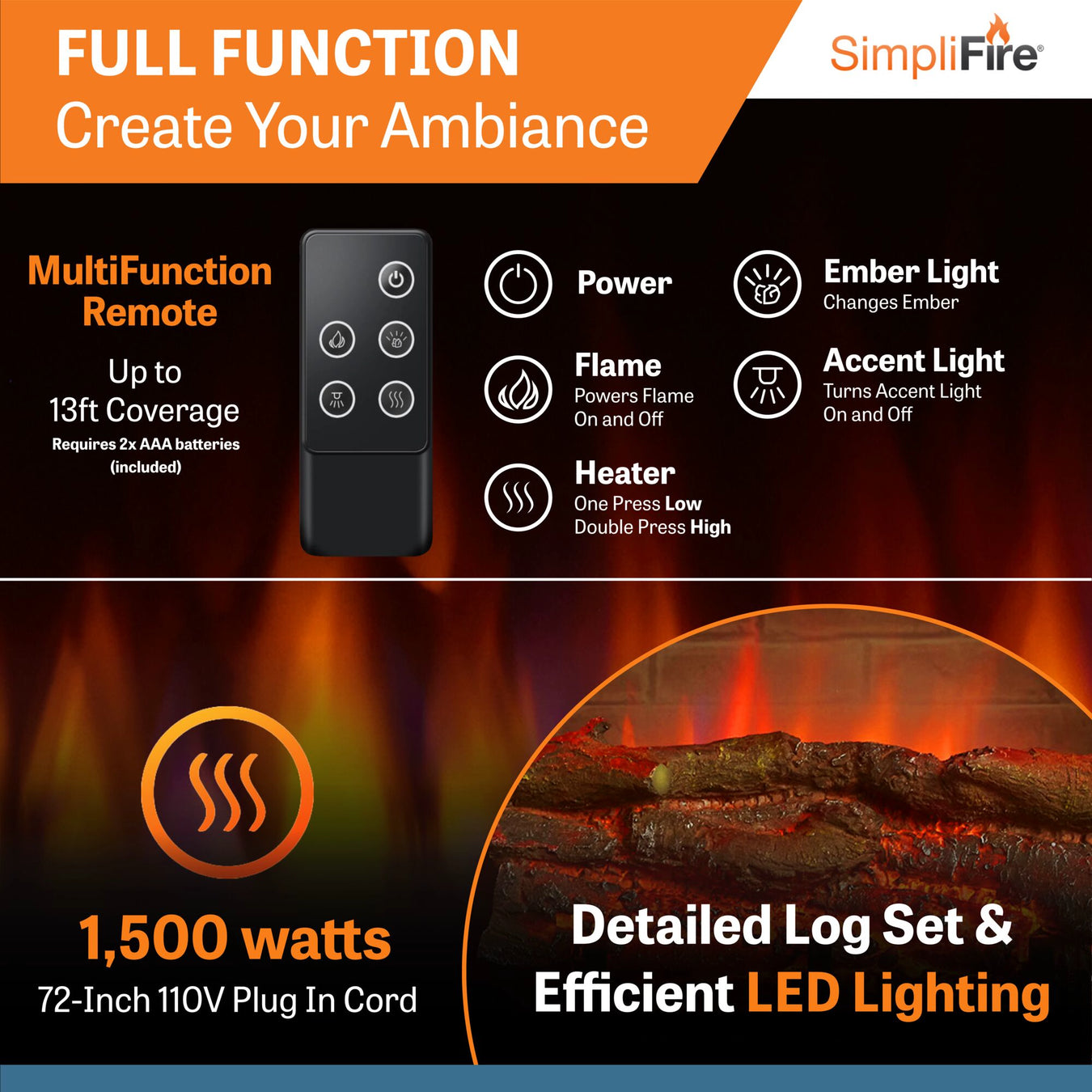 SimpliFire 32-Inch Electric Fireplace Insert Functions