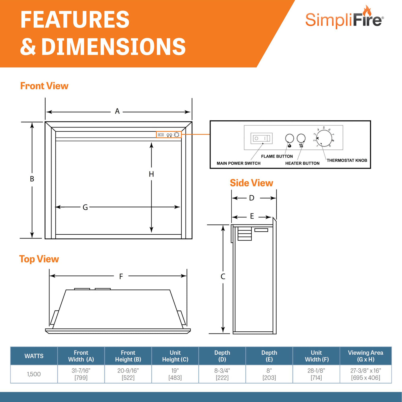 SimpliFire 32-Inch Electric Fireplace Insert Features & Dimensions