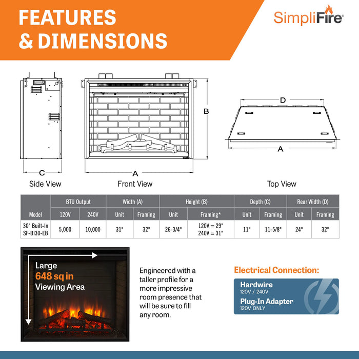 SimpliFire Built-In Electric Fireplace: 30" Dimensions