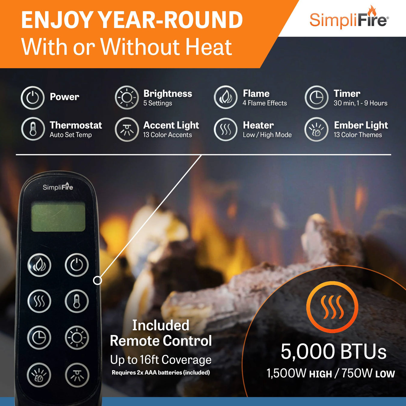SimpliFire Format Wall-Mounted Electric Fireplace: Features