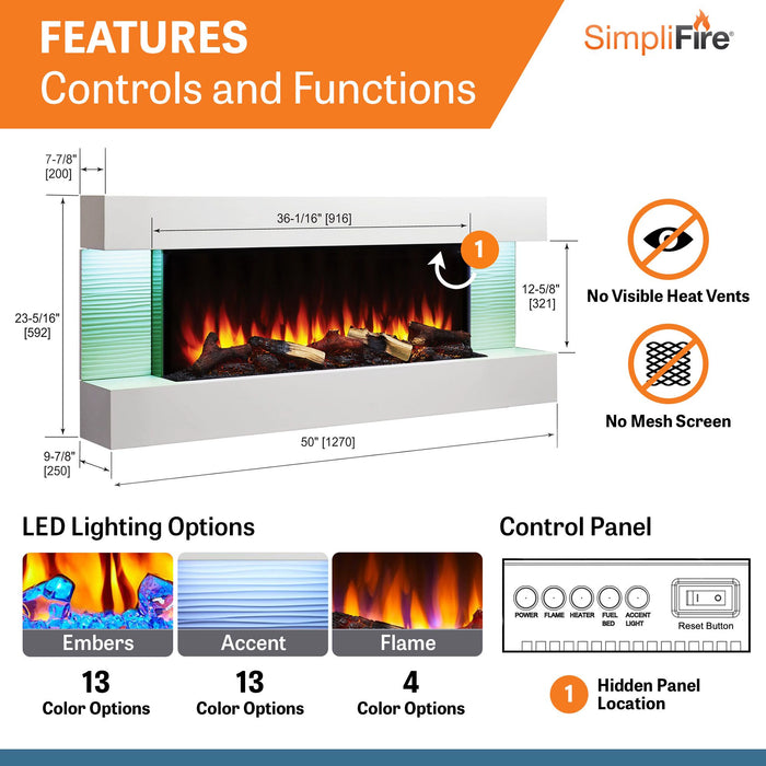 SimpliFire Format Wall-Mounted Electric Fireplace: 50" Mantel