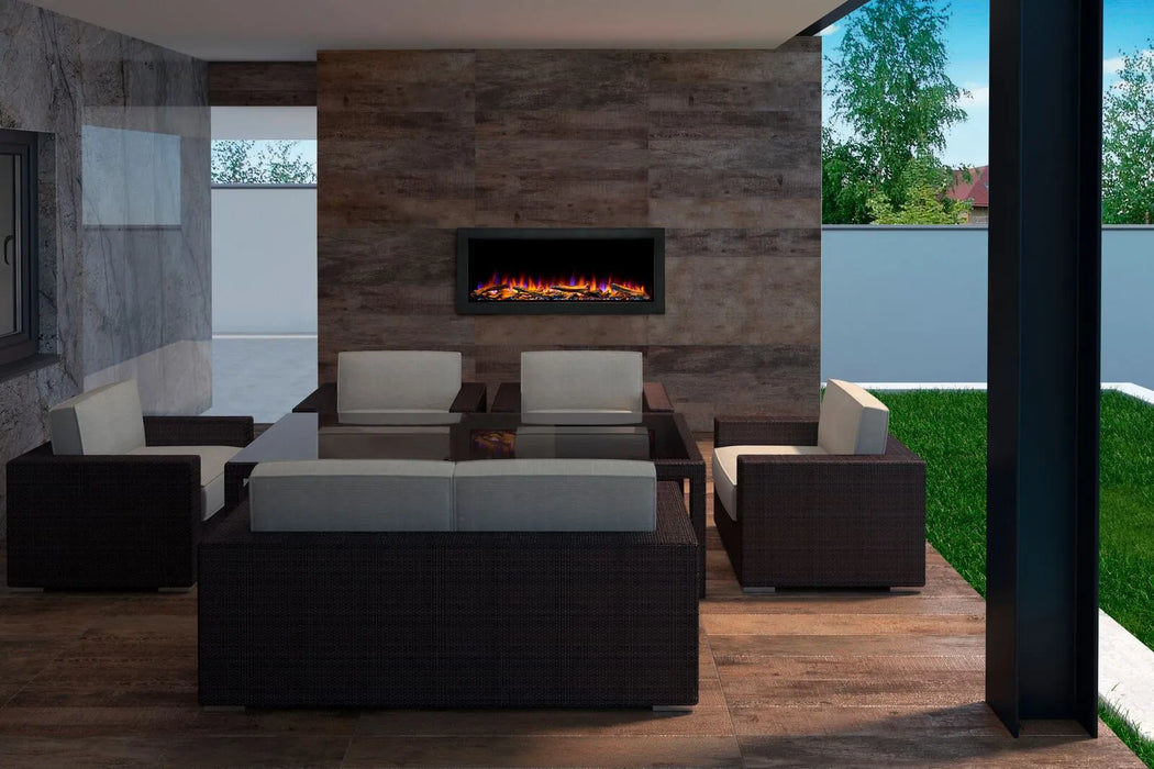 SimpliFire Forum 43" Outdoor Electric Fireplace with Frame Installed