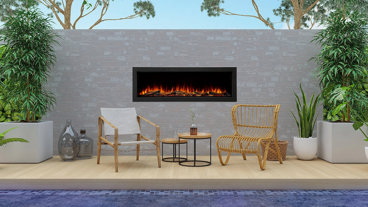SimpliFire Forum 55" Outdoor Electric Fireplace next to Pool with Frame