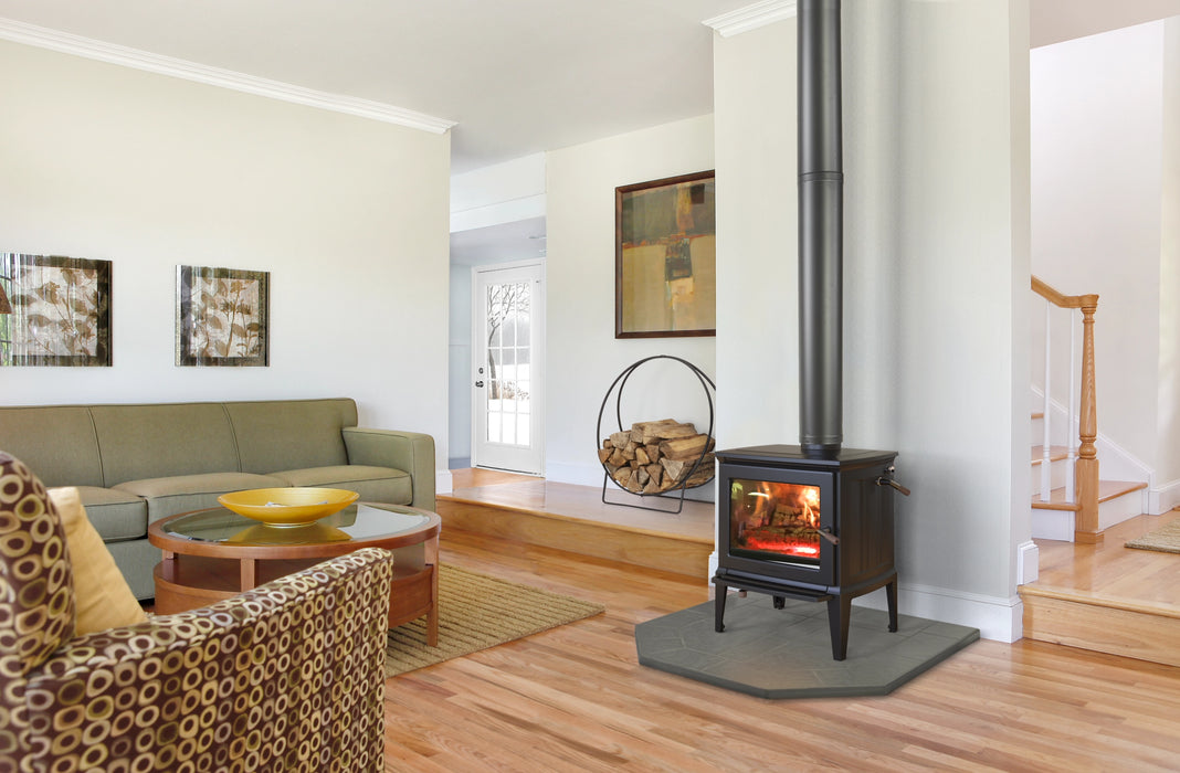Hearthstone Stoves Green Mountain 60 Freestanding Wood Stove on Stone Hearth Pad