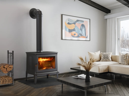 Hearthstone Green Mountain 80 Wood Stove Left-Side View in Modern Living Room