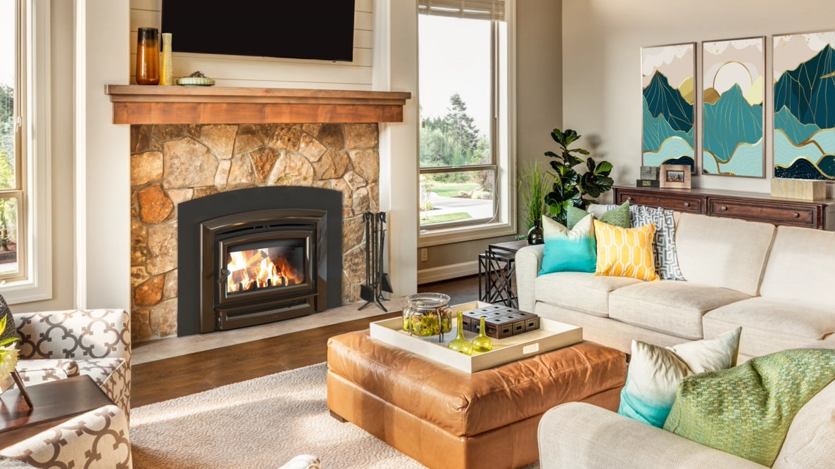 Hearthstone Stoves Green Mountain 90 Wood-Burning Fireplace Insert with Brown Enamel Finish in Living Room