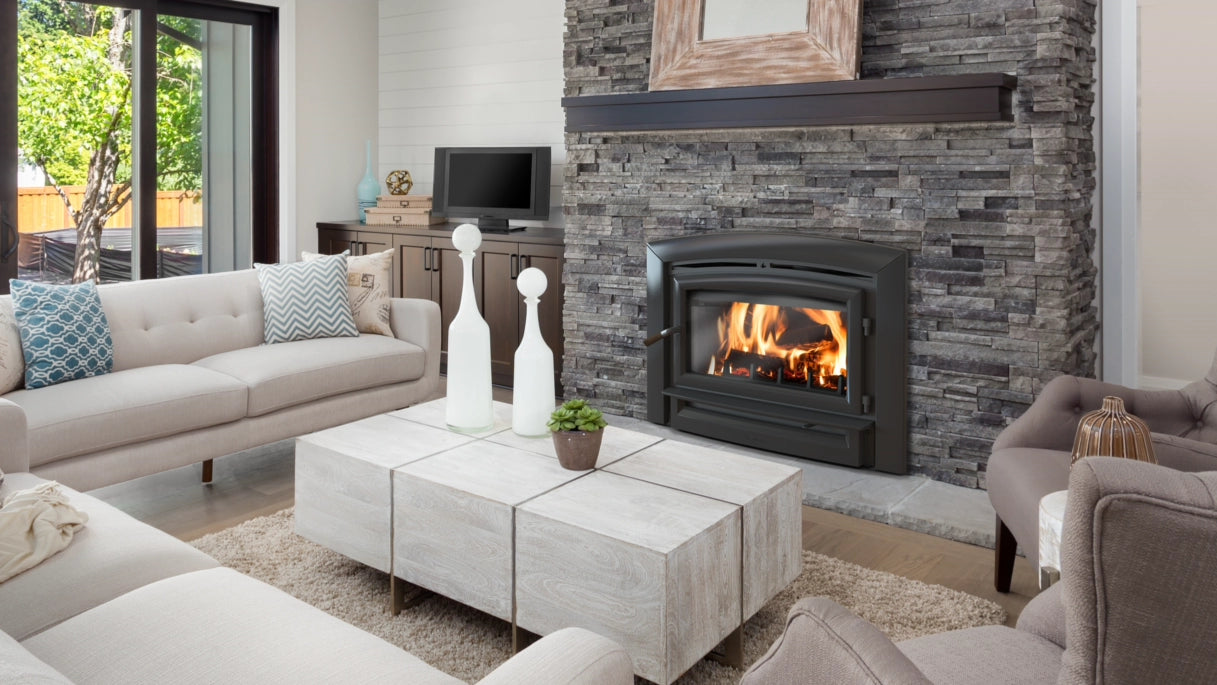 Hearthstone Stoves Green Mountain 90 Wood-Burning Fireplace Insert with Matte Black Finish in Living Room