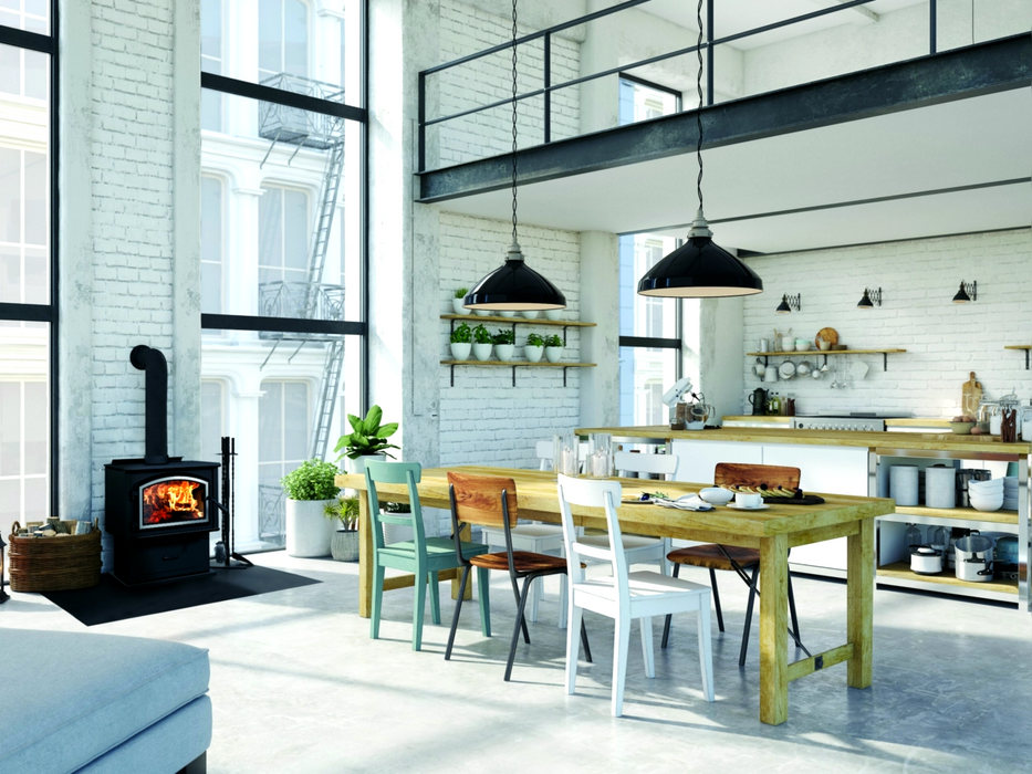 Empire Stove Gateway 1700 Wood Stove in Modern Apartment