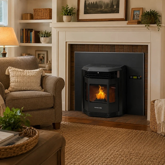 ComfortBilt HP22i Pellet Insert in Cozy Living Room