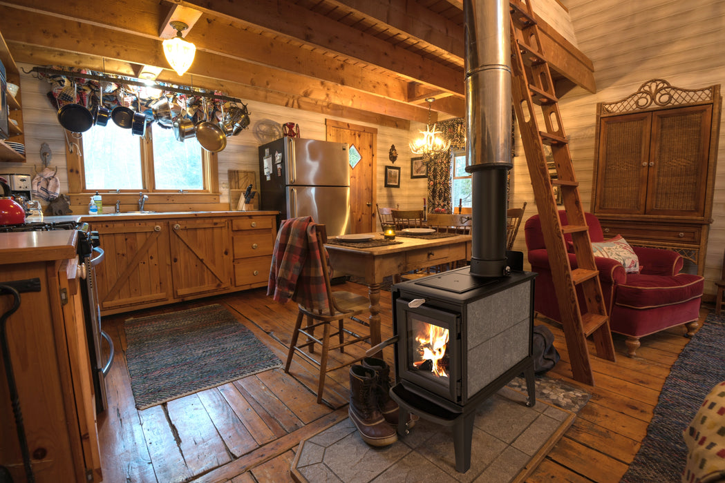 Hearthstone Stoves Lincoln Freestanding Wood Stove in Small Cabin