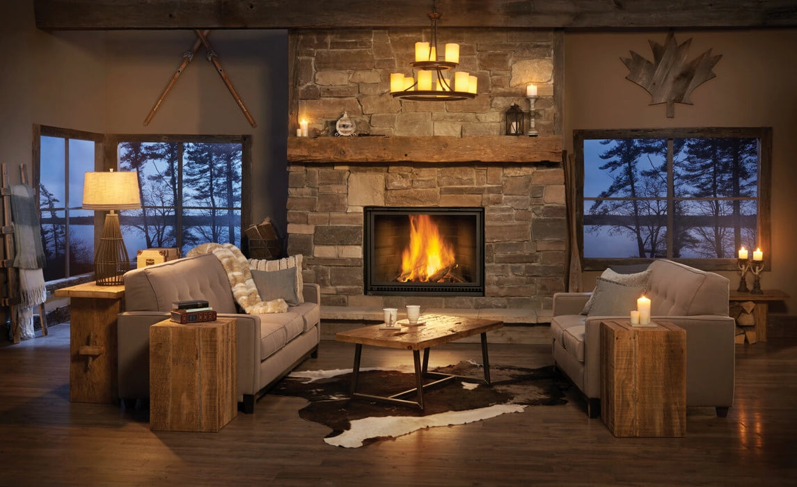 Napoleon High Country™ 8000 Wood Fireplace in Cozy Living Room with Traditional Brick Panels