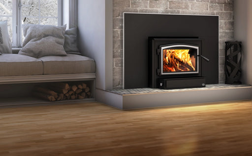 Osburn 2000i Wood Burning Insert with Brushed Nickel Door Overlay and Large Surround with Brushed Nickel Trim