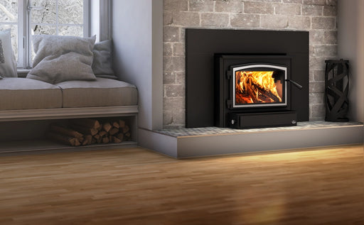 Osburn 2000i Wood Burning Insert with Brushed Nickel Door Overlay and Standard Surround with Black Trim