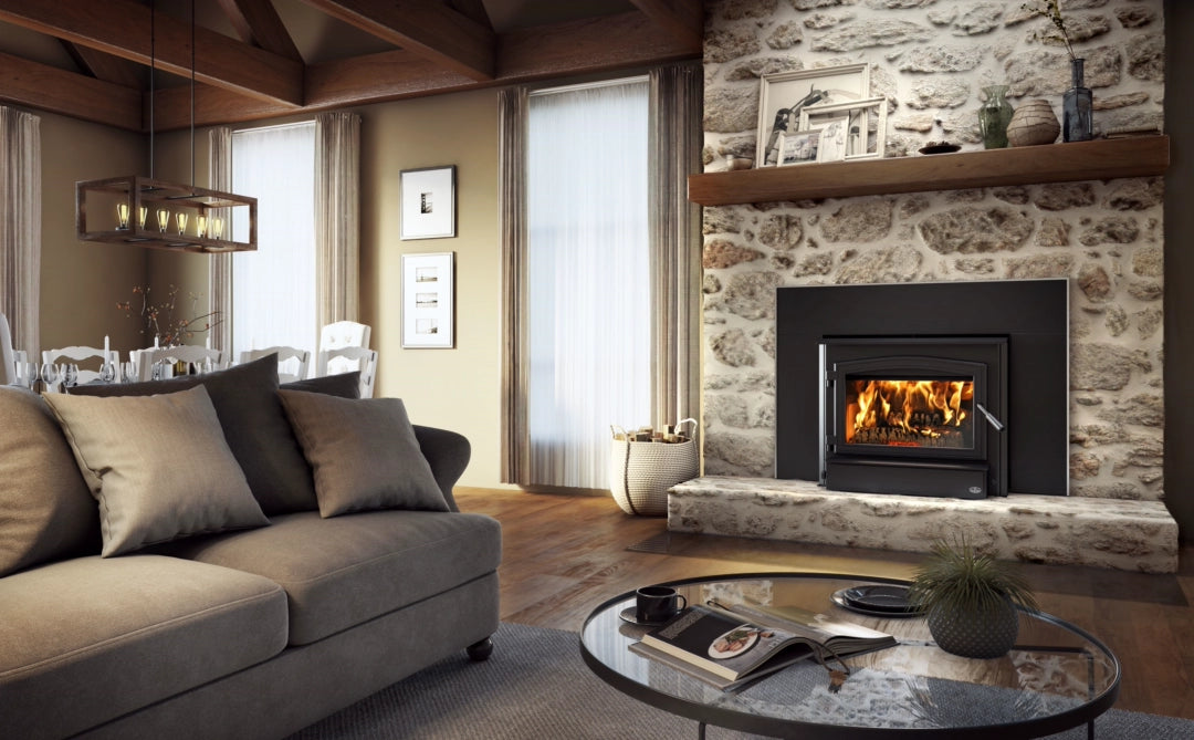 Osburn 3500 Fireplace Insert with Black Door Overlay and Medium Surround with Brushed Nickel Trim