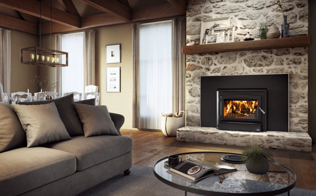 Osburn 3500 Fireplace Insert with Black Door Overlay and Large Surround with Brushed Nickel Trim
