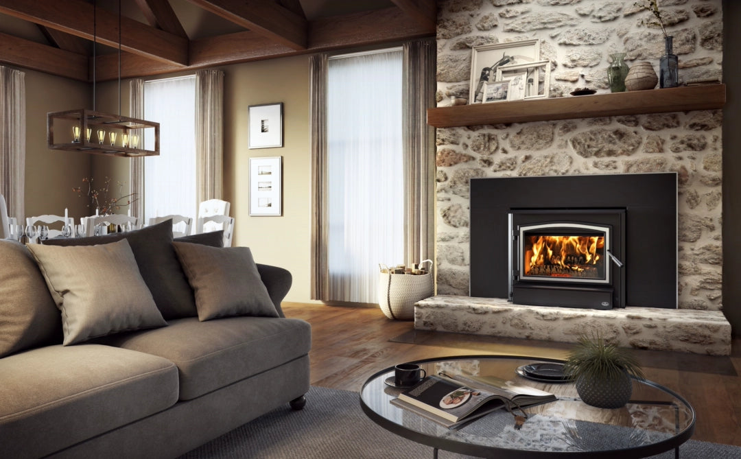Osburn 3500 Fireplace Insert with Brushed Nickel Door Overlay and Large Surround with Brushed Nickel Trim