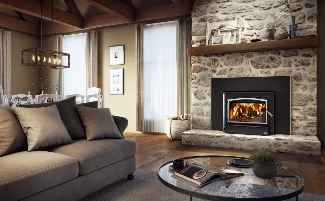 Osburn 3500 Fireplace Insert with Brushed Nickel Door Overlay and Medium Surround with Brushed Nickel Trim