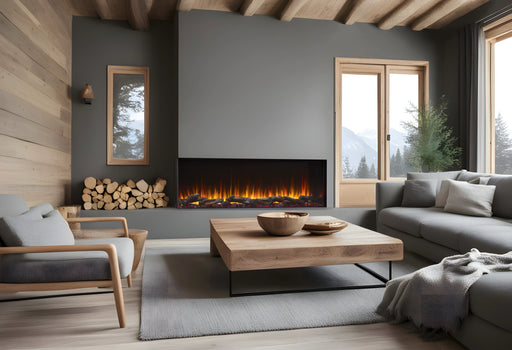 SimpliFire Triton 78" Linear Electric Fireplace Installed with Open Left Corner & Black Glass Embers