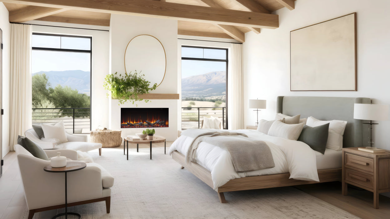 SimpliFire Triton 50" Linear Electric Fireplace built into Bedroom Wall