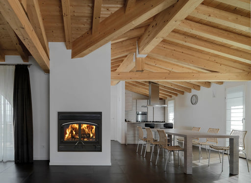 Empire Stove St. Clair 4300 Fireplace in Room with Exposed Wood Beams