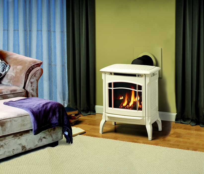 Hearthstone Stoves Stowe Direct-Vent Gas Stove with Oyster Enamel Finish in Living Room